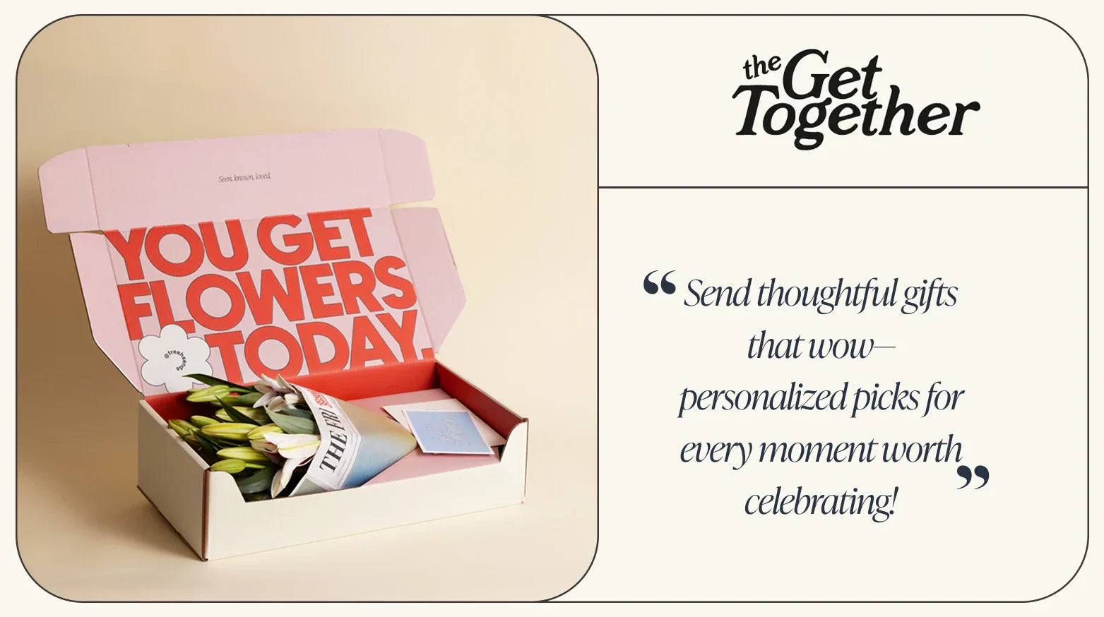 Fresh Sends open gift box with lilies and greeting card, promoting personalized thoughtful flower gifts for special occasions.-317419323759