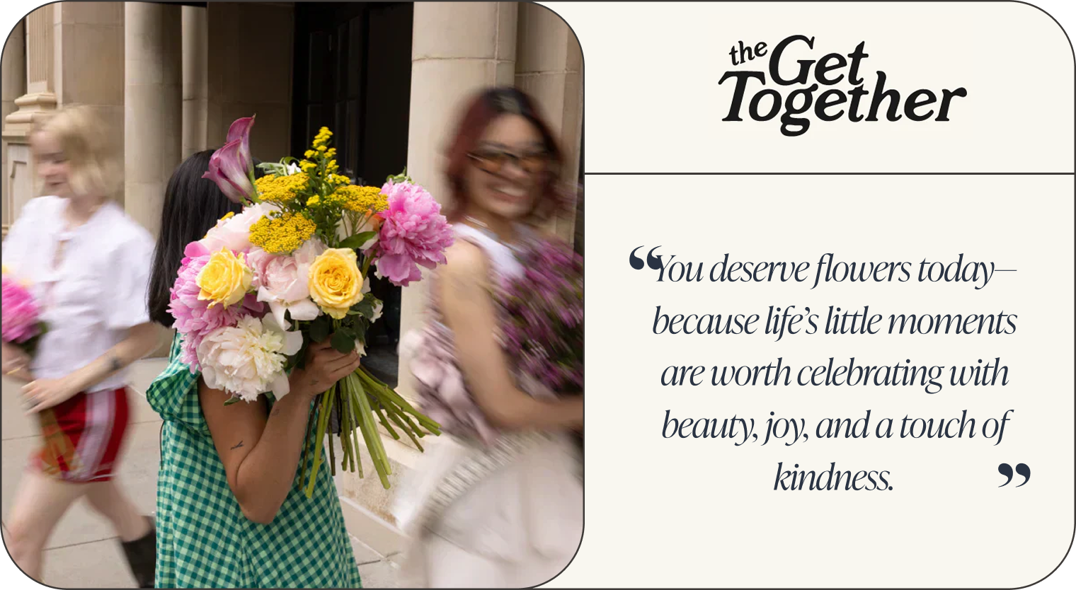 Group of joyful people carrying vibrant mixed flower bouquets, celebrating life’s small moments with kindness and beauty.-318453842287