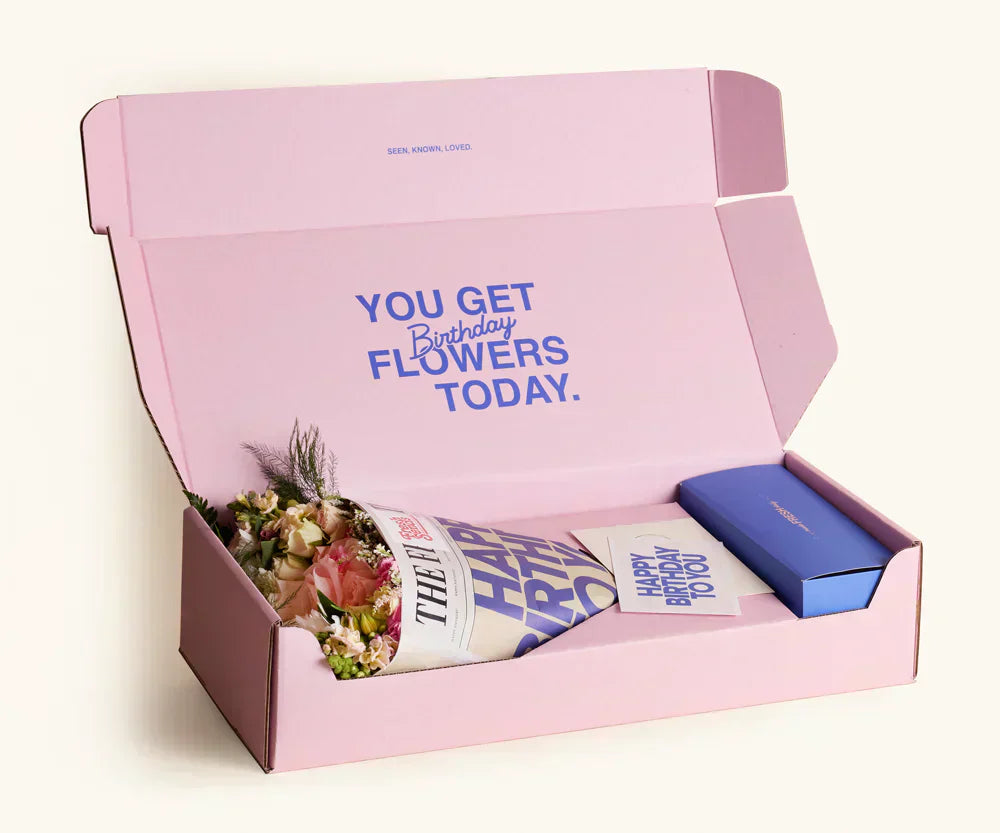 Birthday send from Fresh Sends featuring a bouquet, “Happy Birthday to You” card, and blue gift box for a thoughtful belated gift.-317902586223