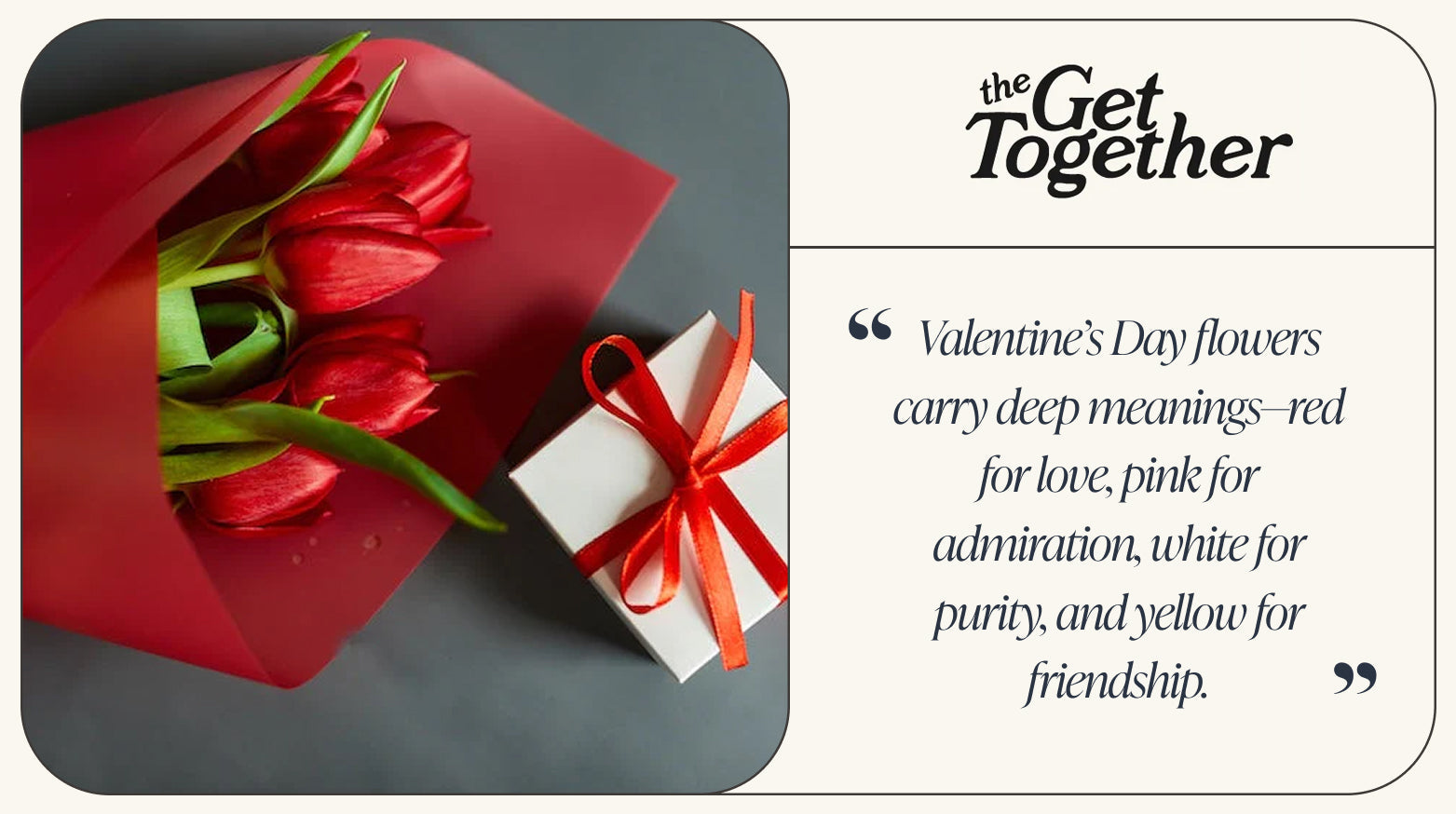 Red tulip bouquet with white gift box tied with red ribbon on a gray surface, symbolizing Valentine’s Day.-317419716975