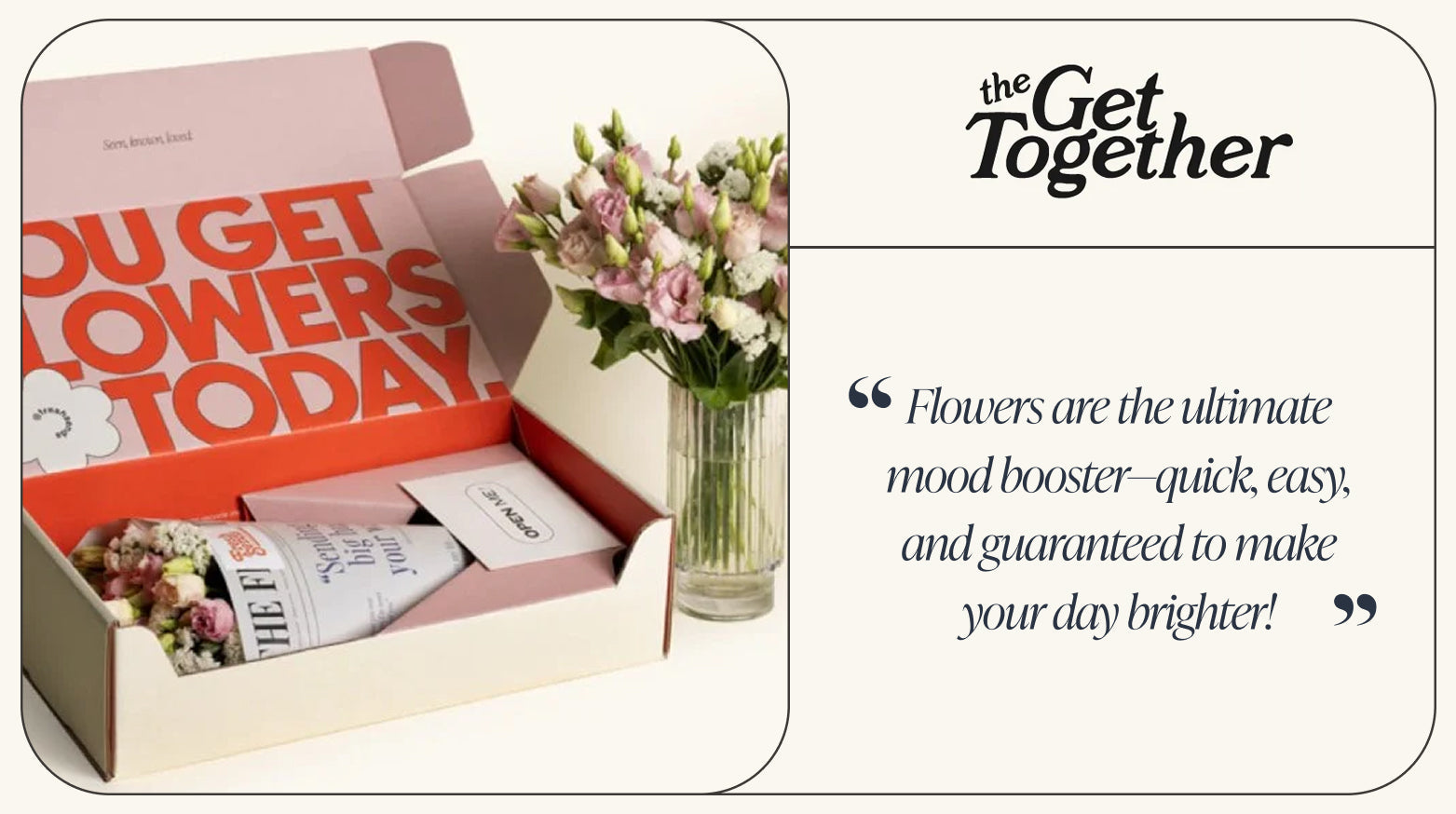 Fresh Sends flower box open with a bouquet of light pink and white flowers wrapped in newspaper-style paper, beside a tall glass vase filled with matching flowers.-319792841071