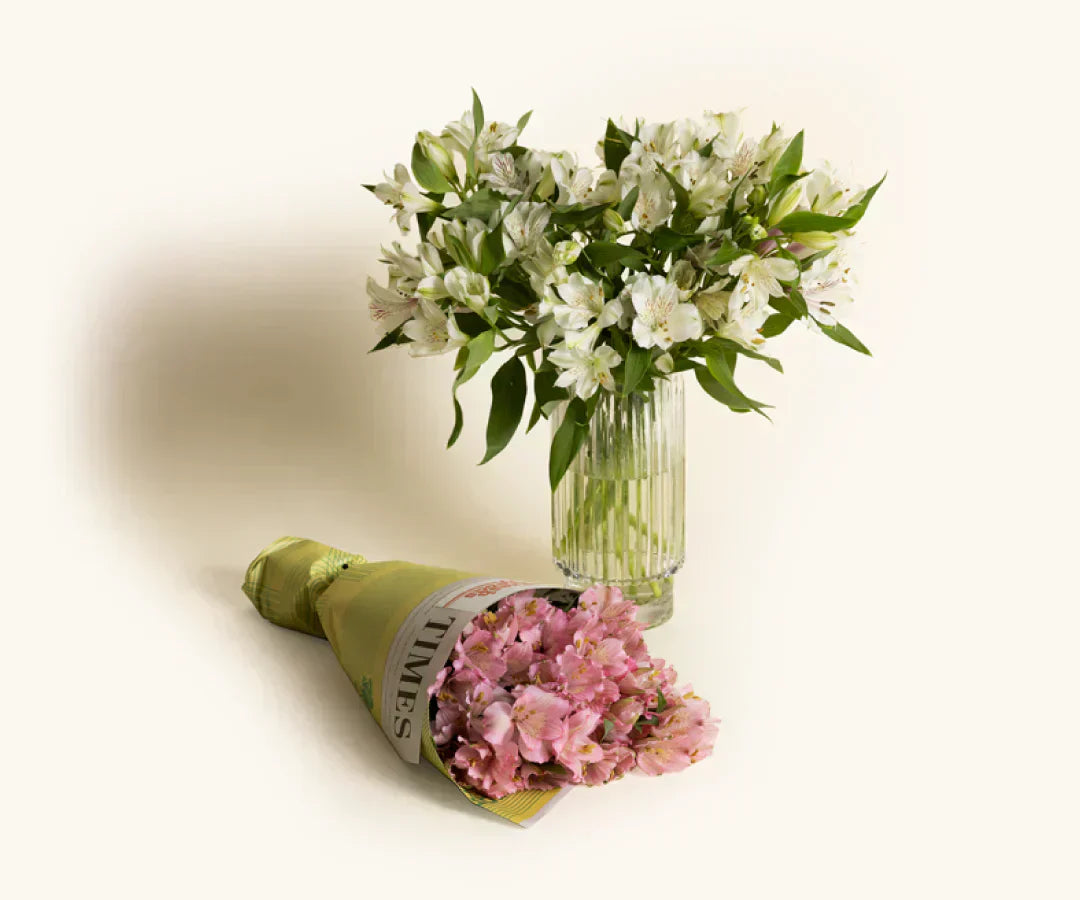 White Alstroemeria arrangement in a glass vase next to pink Alstroemeria bouquet in newspaper wrap from Fresh Sends.-317767156079