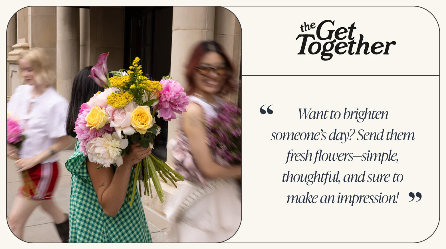 Three women in motion, one holding a large vibrant bouquet of mixed fresh flowers including yellow, pink, and white blooms.-317420962159