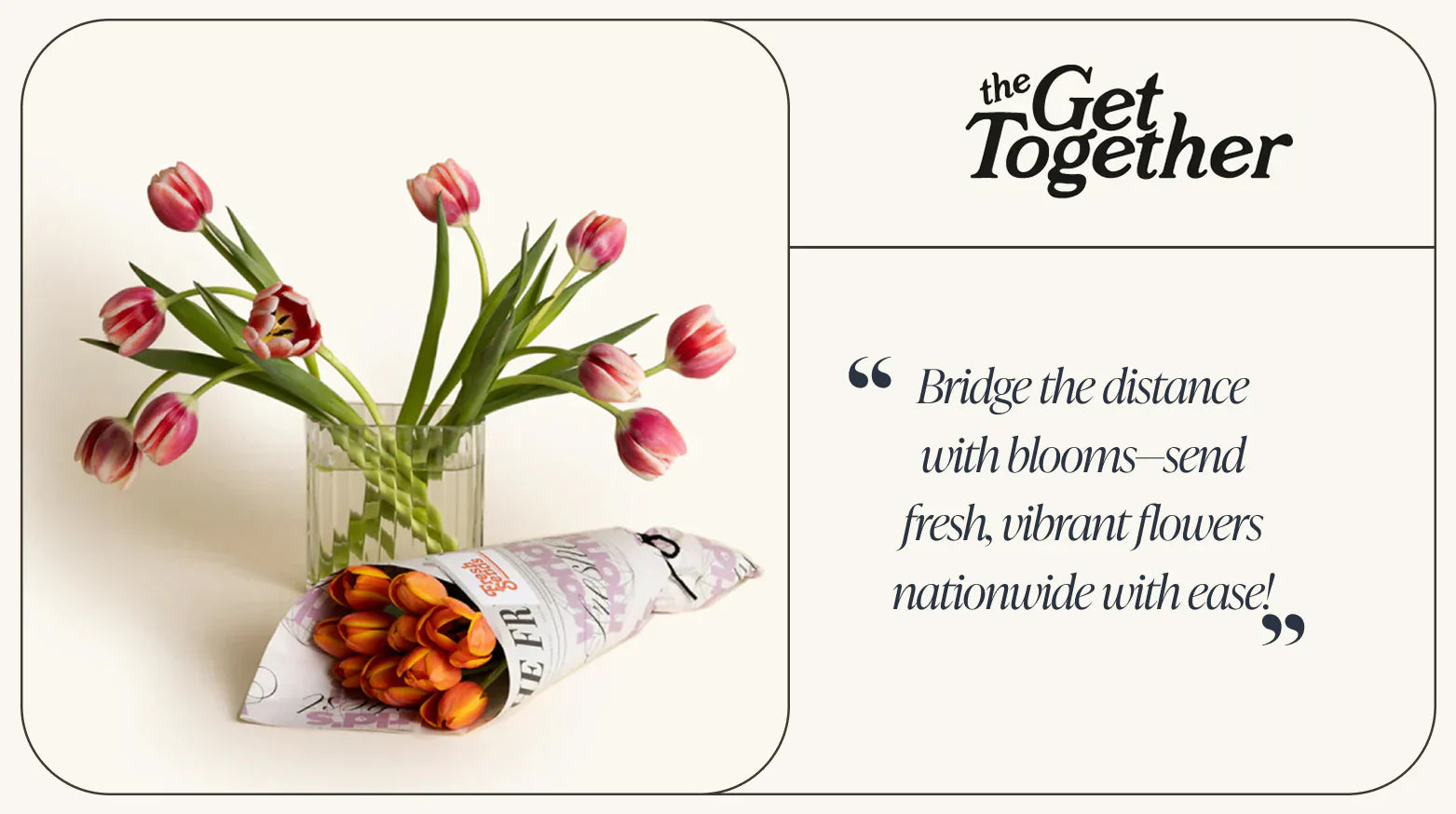 Clear vase with pink tulips and wrapped bouquet of orange tulips illustrating fresh flowers shipped nationwide for long-distance gifting.-317419389295