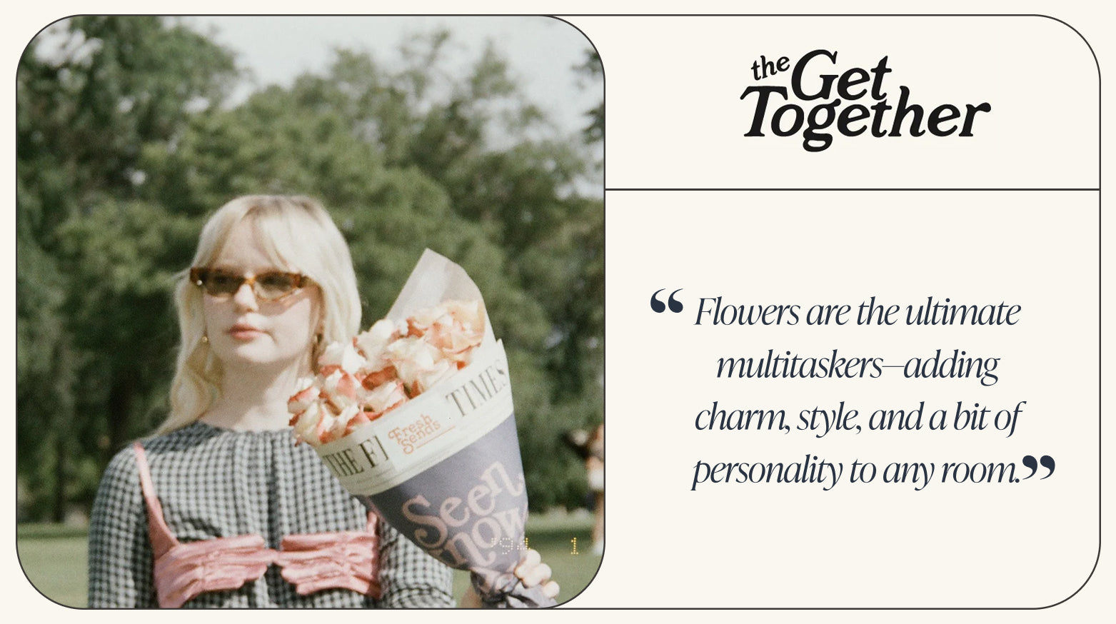 Woman with sunglasses holding a bouquet of peach roses wrapped in Fresh Sends branded newspaper.-317420896623