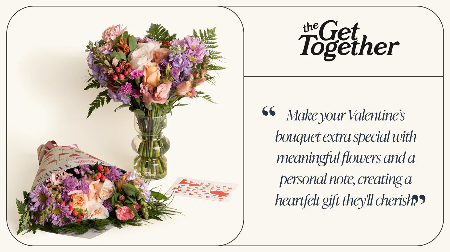 Mixed Valentine’s bouquet with pastel roses, purple and pink blooms in a vase and wrapped bouquet with a card, highlighting personalized Valentine’s Day gifts.-317419684207