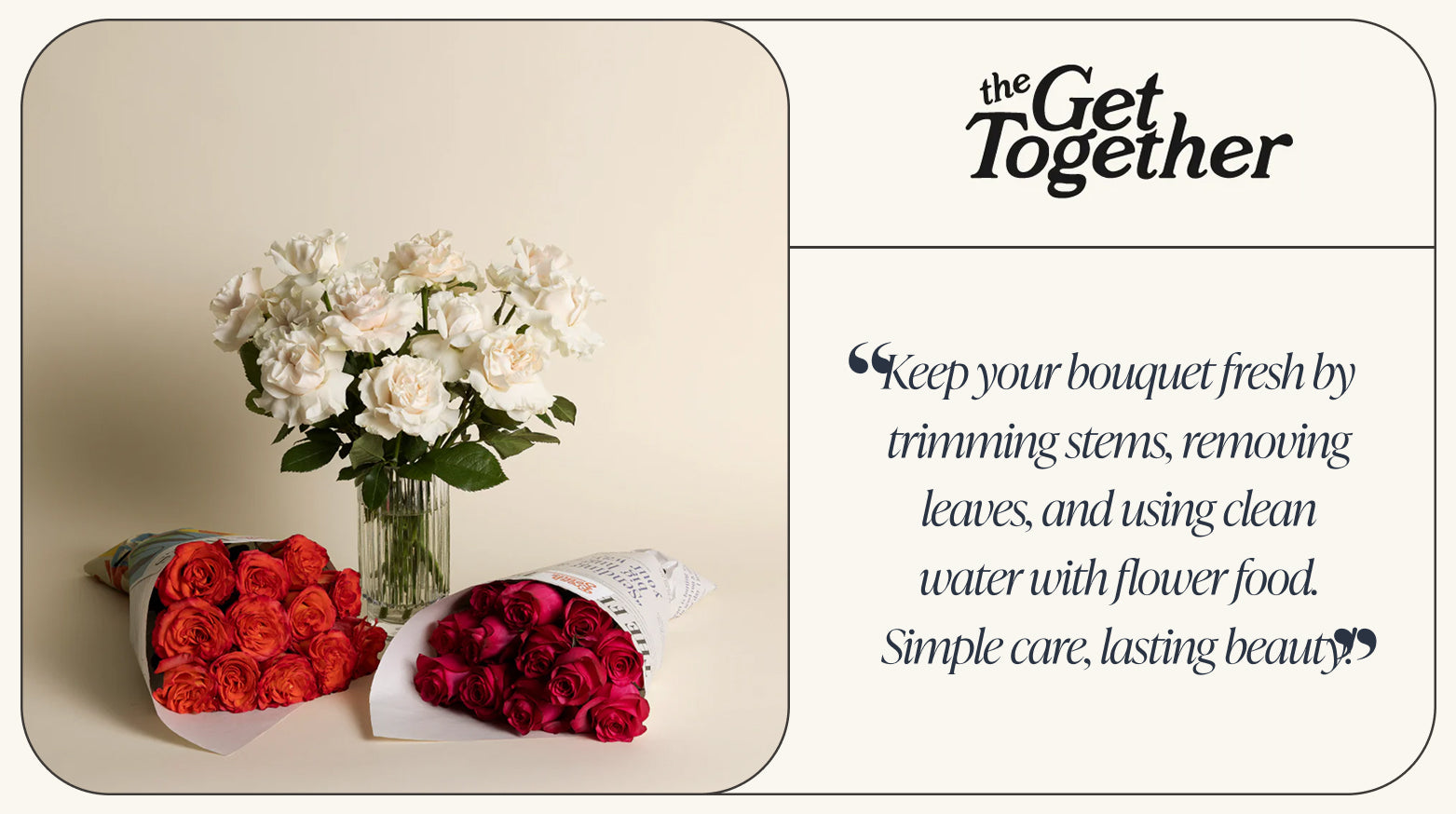 Bouquets of white, orange, and deep red roses arranged with greenery, displayed in a clear vase and wrapped bouquets beside it.-317420765551