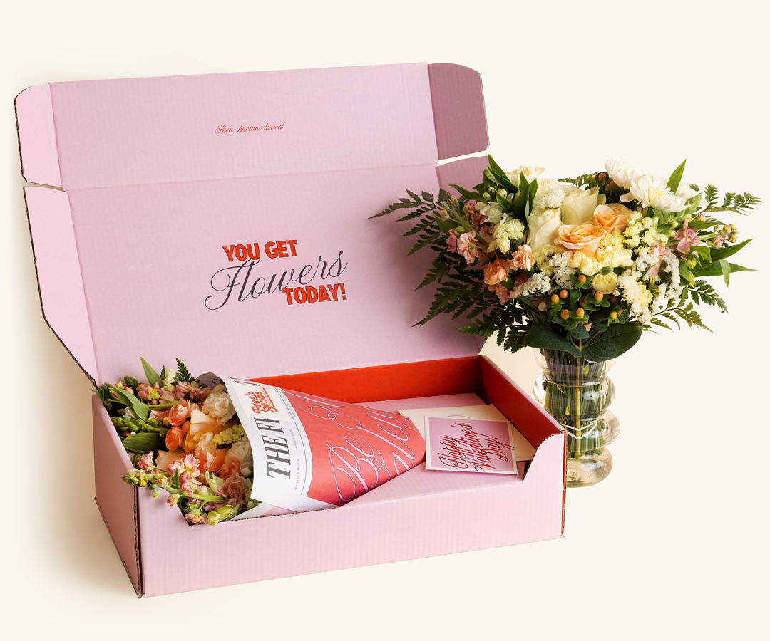 Complete Valentine's gift: flowers, box, vase, and card-